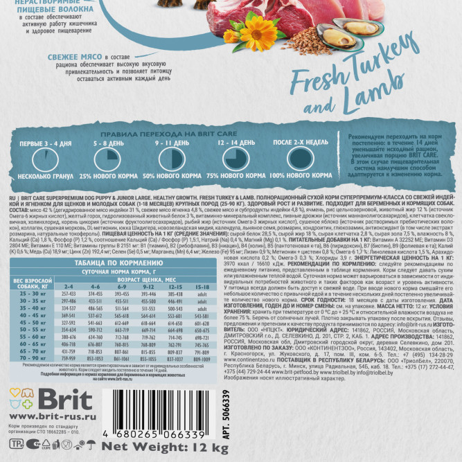 Brit Care Dog Puppy&amp;Junior L Healthy Growth сухой корм для щенков крупных пород, с индейкой и ягненком - 12 кг