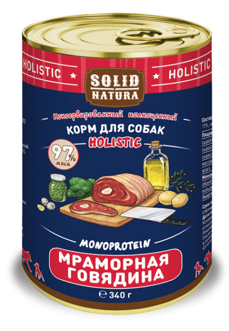 Solid Natura Holistic влажный корм для взрослых собак с мраморной говядиной, в консервах - 340 г х 6 шт