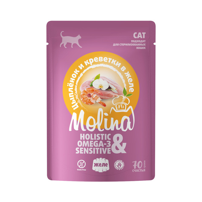 Molina влажный дополнительный корм для взрослых кошек с цыпленком и креветками в желе, в паучах - 70 г х 12 шт