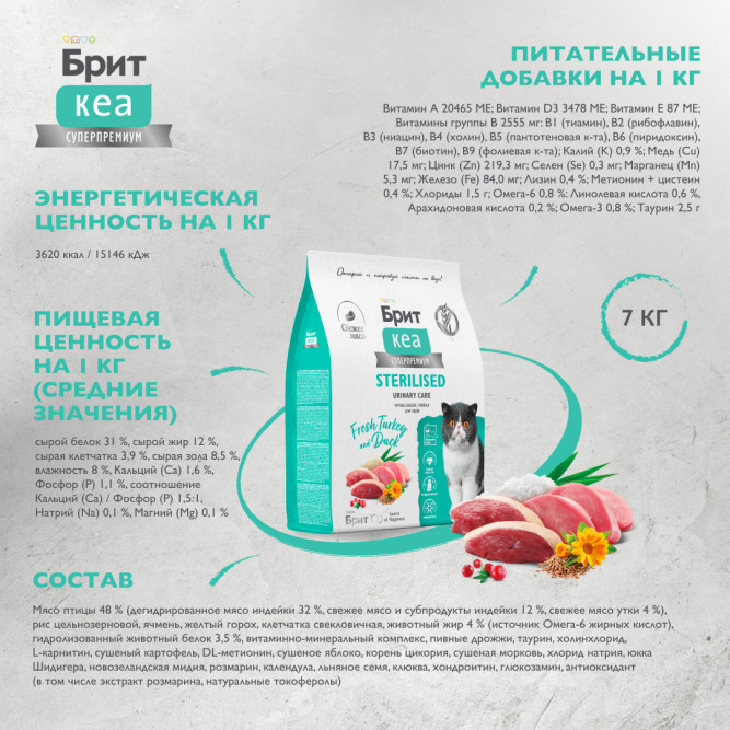 Брит Кеа Cat Sterilised Urinary Care сухой корм для стерилизованных кошек для профилактики МКБ, с индейкой и уткой - 7 кг