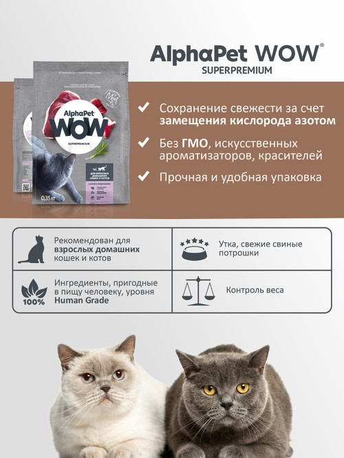 AlphaPet WOW Superpremium сухой полнорационный корм для взрослых домашних кошек и котов с уткой и потрошками - 350 г