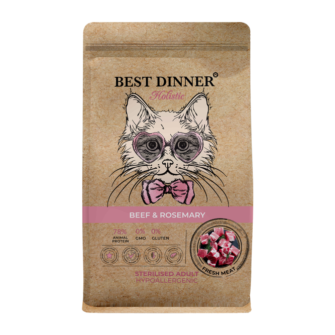 Best Dinner Holistic Hypoallergenic Adult Sterilised Cat Beef&amp;Rosemary сухой корм для стерилизованных кошек склонных к аллергии и проблемам с пищеварением с говядиной и розмарином - 0,4 кг