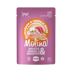 Molina влажный дополнительный корм для взрослых кошек с цыпленком и тунцом в желе, в паучах - 70 г х 12 шт