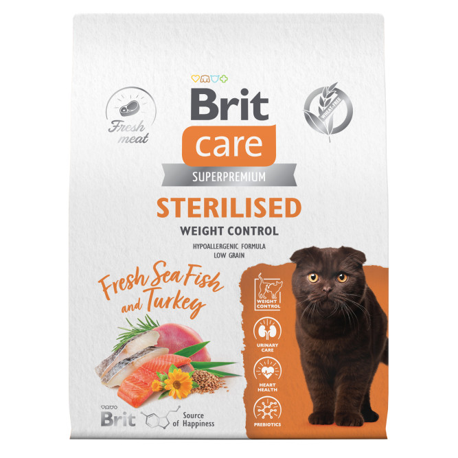 Брит Кеа Cat Sterilised Weight Control сухой корм для стерилизованных кошек для контроля веса, с морской рыбой и индейкой - 7 кг