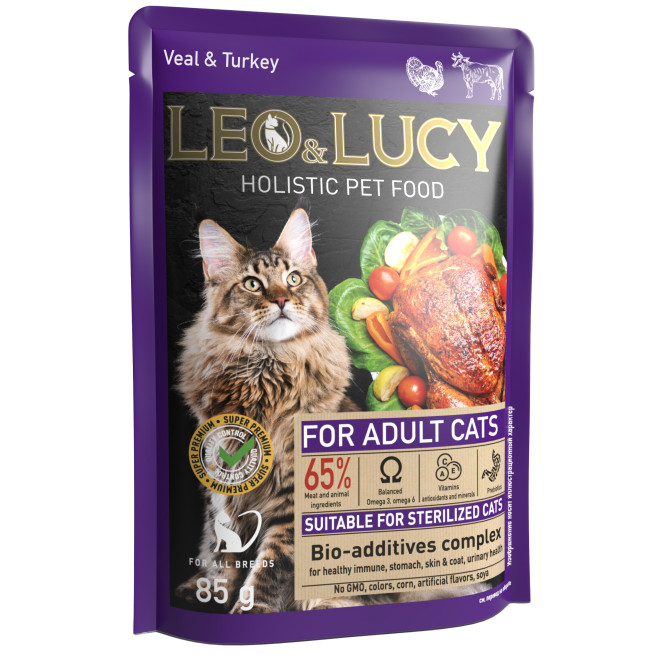 LEO&amp;LUCY влажный холистик корм для взрослых стерилизованных кошек с телятиной и индейкой, кусочки в соусе, в паучах - 85 г х 32 шт