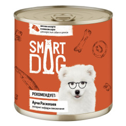 Smart Dog консервы для взрослых собак и щенков мясное ассорти кусочки в соусе - 850 г х 6 шт