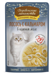 Деревенские лакомства Домашние обеды влажный корм для взрослых кошек с лососем и кальмаром в нежном желе, в паучах - 70 г х 12 шт