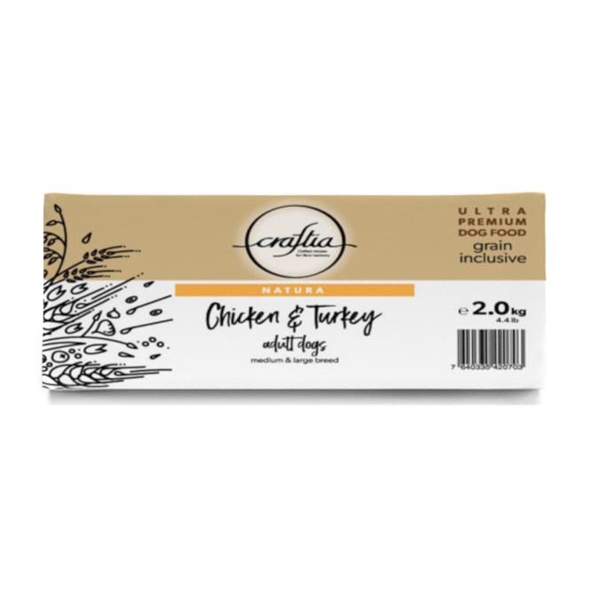 Craftia Natura сухой корм для взрослых собак средних и крупных пород с курицей и индейкой - 2 кг