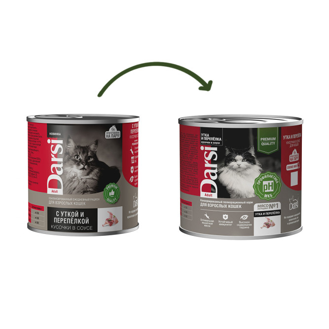 Darsi Adult влажный корм для взрослых кошек с уткой и перепелкой, кусочки в соусе, в консервах - 250 г х 6 шт