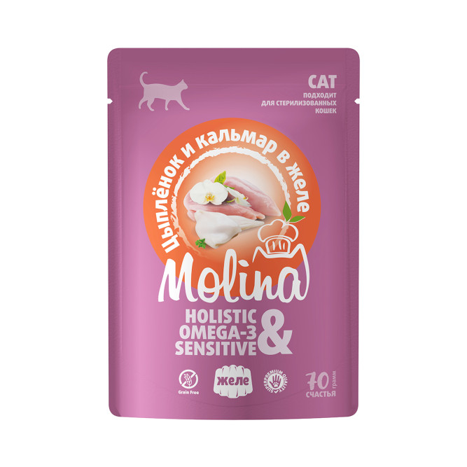 Molina влажный дополнительный корм для взрослых кошек с цыпленком и кальмаром в желе, в паучах - 70 г х 12 шт