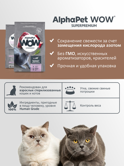 AlphaPet WOW Superpremium сухой полнорационный корм для взрослых домашних кошек и котов с уткой и потрошками - 1,5 кг