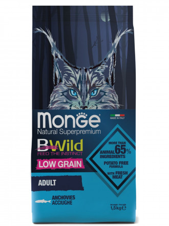 Monge Cat Bwild Low Grain сухой низкозерновой корм для взрослых кошек с анчоусами 1,5кг