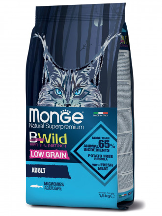 Monge Cat Bwild Low Grain сухой низкозерновой корм для взрослых кошек с анчоусами 1,5кг