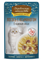 Деревенские лакомства Домашние обеды влажный корм для взрослых кошек с лососем и осьминогом в нежном желе, в паучах - 70 г х 12 шт