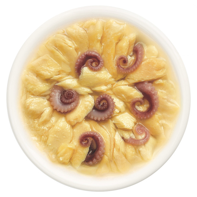 Деревенские лакомства Домашние обеды влажный корм для взрослых кошек с лососем и осьминогом в нежном желе, в паучах - 70 г х 12 шт