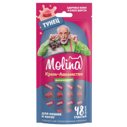 Molina Healthy Skin&Shiny Coat функциональное крем-лакомство для взрослых кошек и котят, здоровая кожа, густая и блестящая шерсть, с тунцом - 48 г