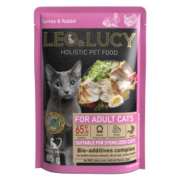 LEO&amp;LUCY паучи для взрослых стерилизованных кошек с индейкой и кроликом кусочки в соусе - 85 г х 32 шт