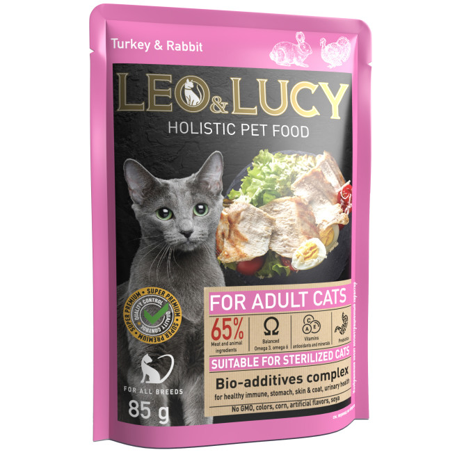 LEO&amp;LUCY влажный холистик корм для взрослых стерилизованных кошек с индейкой и кроликом, кусочки в соусе, в паучах - 85 г х 32 шт