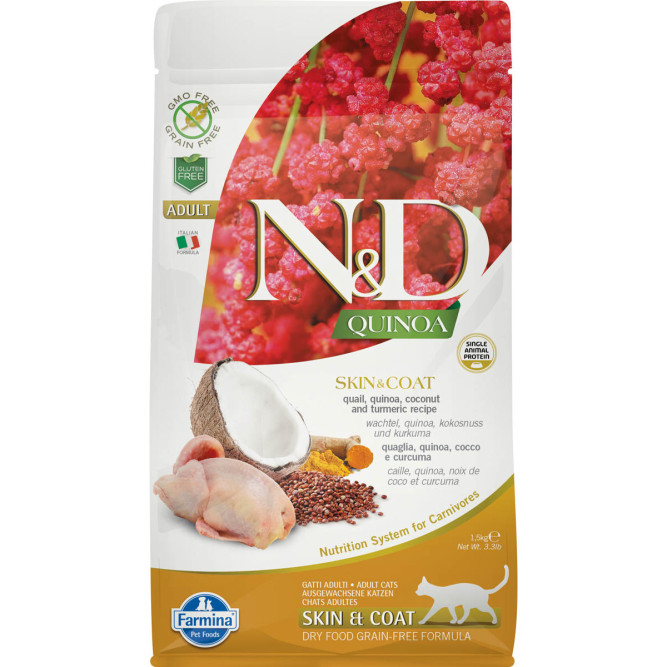 Farmina N&amp;D Quinoa Cat Grain Free Skin &amp; Coat Quail сухой беззерновой корм для взрослых кошек для кожи и шерсти с перепелом и киноа - 1,5 кг