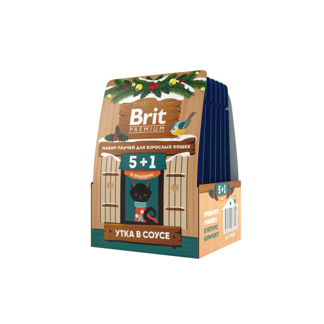 Брит Премиум кормушка набор паучей для взрослых кошек с уткой, кусочки в соусе - 85 г х 5+1 шт