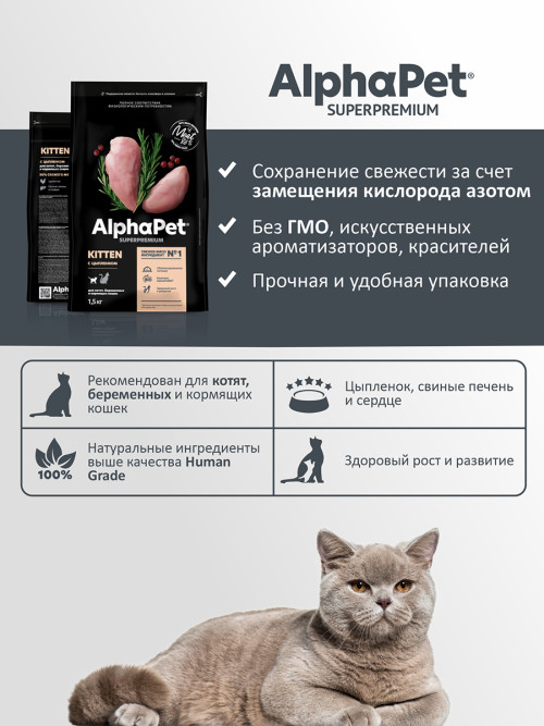 AlphaPet Superpremium сухой полнорационный корм для котят, беременных и кормящих кошек с цыпленком - 1,5 кг