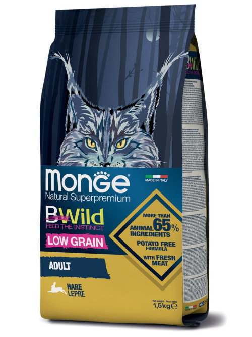 Monge Cat BWild Low Grain сухой низкозерновой корм для взрослых кошек с мясом зайца 1,5 кг
