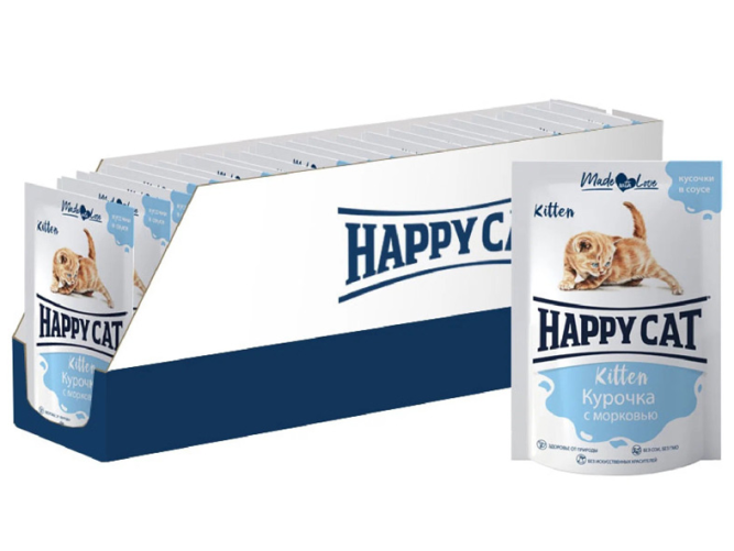 Happy Cat влажный корм для котят с курицей и морковью в соусе, в паучах - 85 г х 24 шт