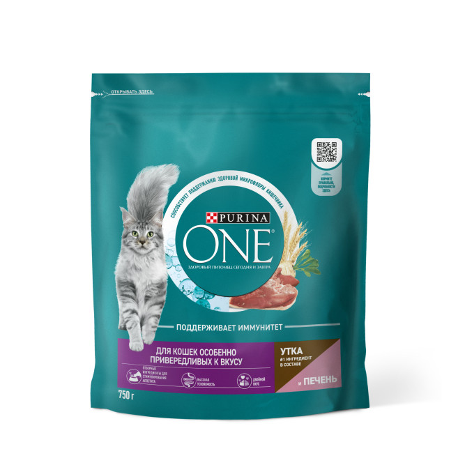 Purina ONE сухой корм для взрослых кошек особенно привередливых ко вкусу, с уткой и печенью - 750 г