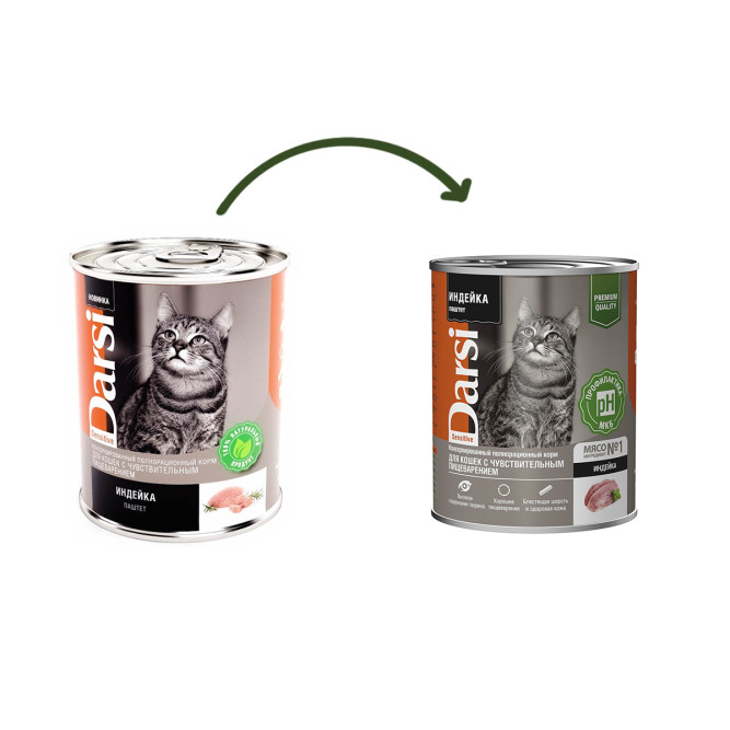 Darsi Sensitive влажный корм для взрослых кошек при чувствительном пищеварении, паштет с индейкой, в консервах - 340 г х 6 шт