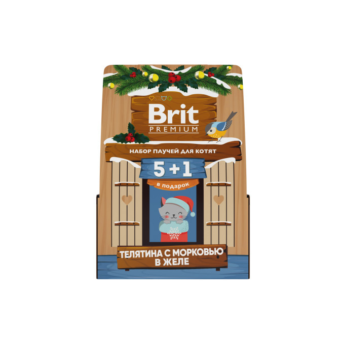 Брит Премиум кормушка набор паучей для котят с телятиной и морковью, кусочки в желе - 85 г х 5+1 шт