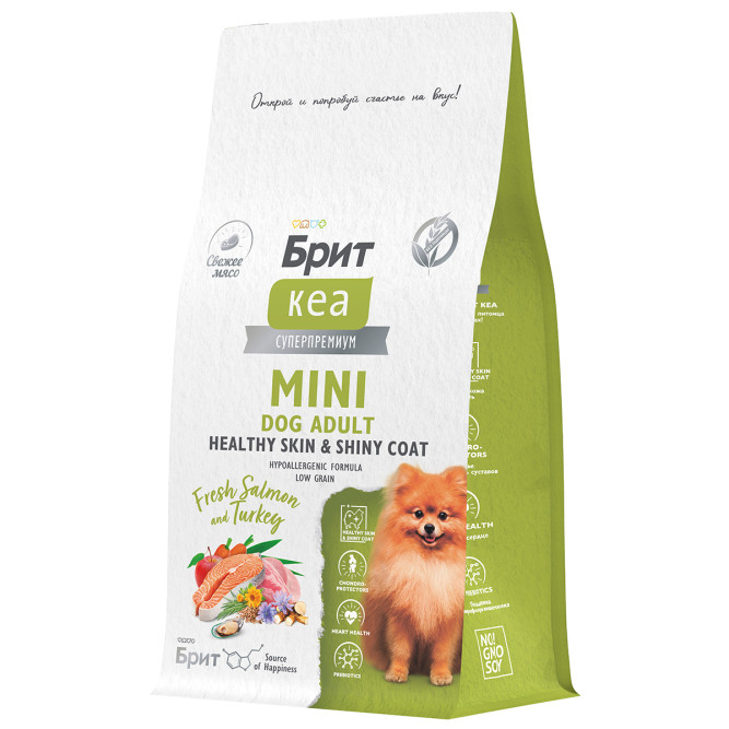 Брит Кеа Мини Dog Adult Healthy Skin&amp;Shiny Coat сухой корм для взрослых собак мини пород  для кожи и шерсти с лососем и индейкой - 400 г