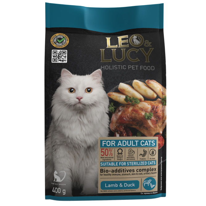 LEO&amp;LUCY сухой холистик корм для взрослых стерилизованных кошек с ягненком и уткой - 400 г