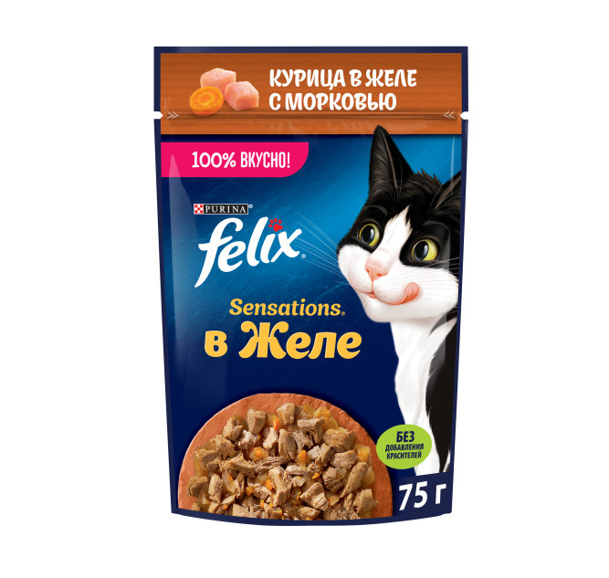 Felix Sensations влажный корм для взрослых кошек, с курицей и морковью в желе, в паучах - 75 г х 26 шт