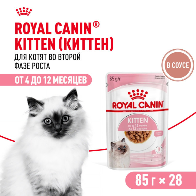 Royal Canin Kitten влажный корм котят до 12 месяцев кусочки в соусе, в паучах - 85 г х 28 шт