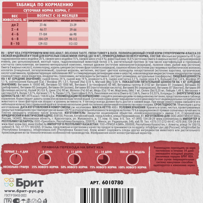 Брит Кеа Мини Adult Delicious Taste сухой корм для взрослых собак мелких пород с индейкой и уткой - 400 г