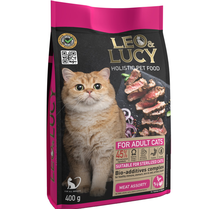LEO&amp;LUCY cухой холистик корм для взрослых стерилизованных кошек мясное ассорти - 400 г