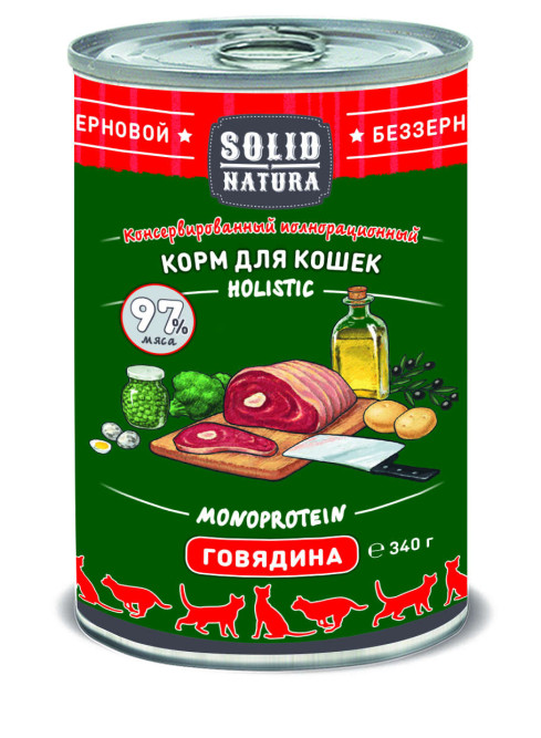 Solid Natura Holistic влажный корм для взрослых кошек с говядиной, в консервах - 340 г х 12 шт