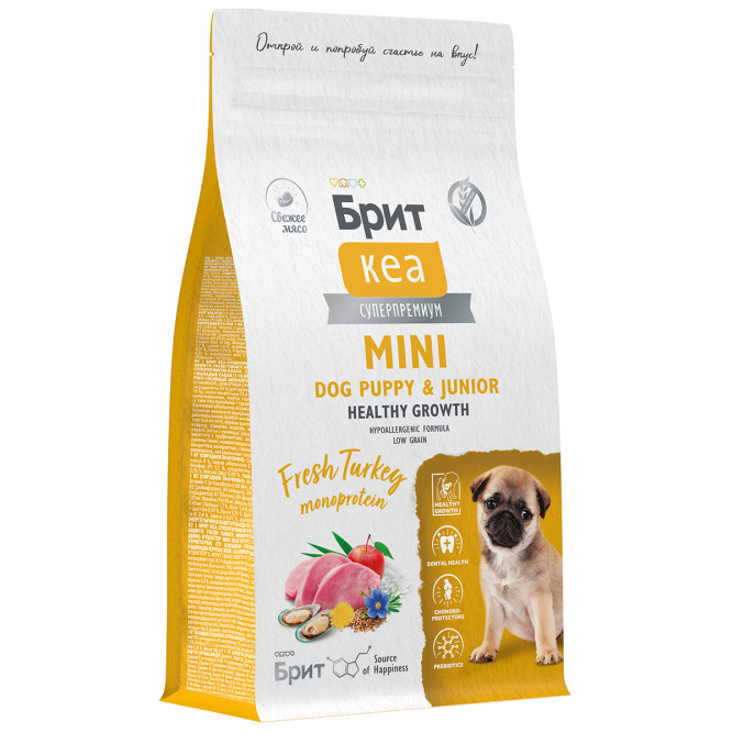 Брит Кеа Мини Dog Puppy&amp;Junior Healthy Growth Monoprotein сухой корм для щенков и молодых (1-10 месяцев) собак мини пород с индейкой - 1,5 кг