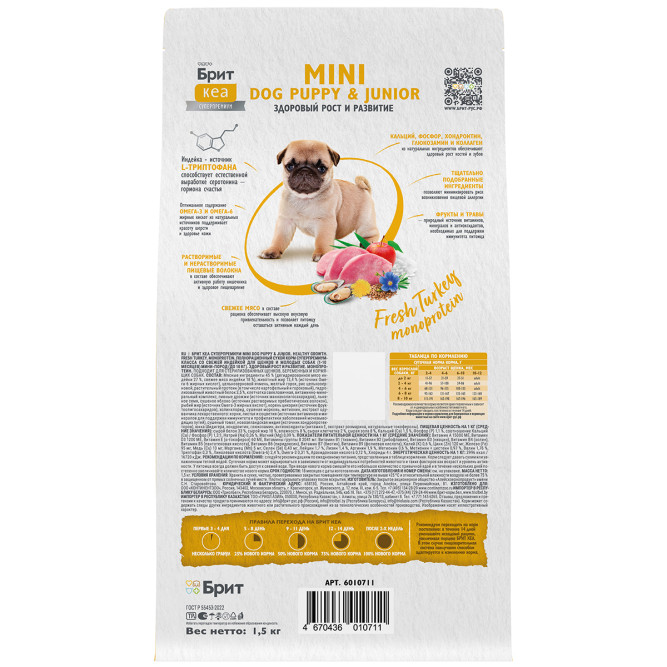 Брит Кеа Мини Dog Puppy&amp;Junior Healthy Growth Monoprotein сухой корм для щенков и молодых (1-10 месяцев) собак мини пород с индейкой - 1,5 кг