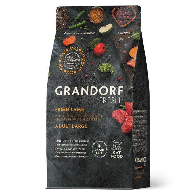 Grandorf Fresh Cat Large Lamb&amp;Sweet Potato сухой беззерновой корм с живыми пробиотиками для взрослых кошек крупных пород с ягненоком и бататом - 400 г