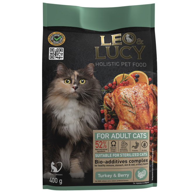 LEO&amp;LUCY cухой холистик корм для взрослых и пожилых стерилизованных кошек с индейкой и ягодами - 400 г
