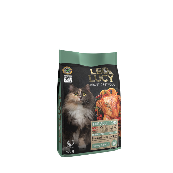 LEO&amp;LUCY cухой холистик корм для взрослых и пожилых стерилизованных кошек с индейкой и ягодами - 400 г