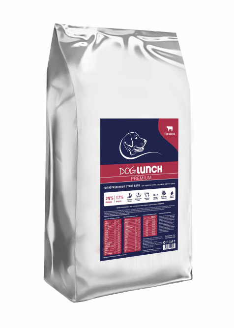 Dog Lunch Премиум сухой корм для собак средних и крупных пород с говядиной - 15 кг