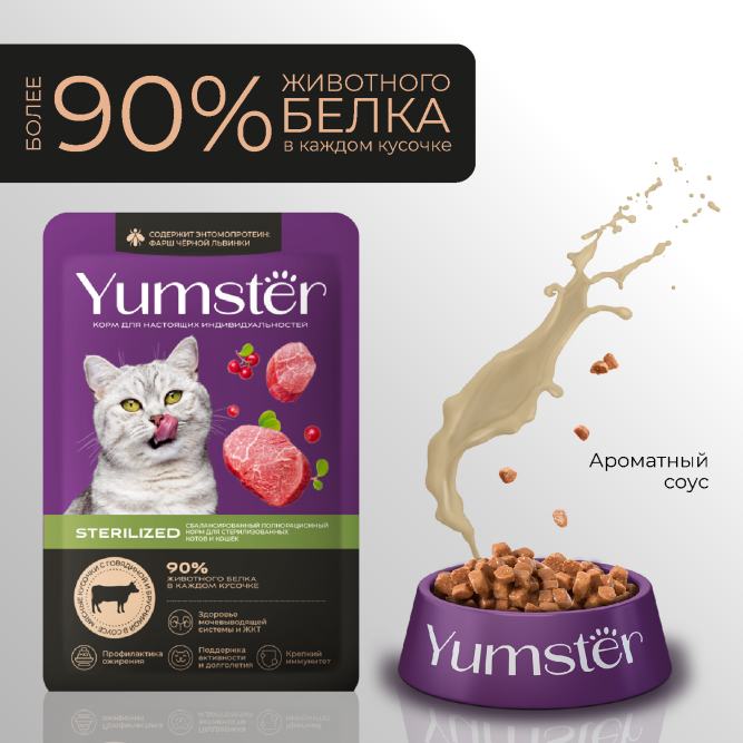 Yumster Sterilized влажный корм для стерилизованных кошек с говядиной и брусникой в соусе, в паучах - 85 г х 12 шт