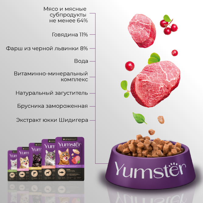 Yumster Sterilized влажный корм для стерилизованных кошек с говядиной и брусникой в соусе, в паучах - 85 г х 12 шт