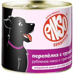 ENSO SENSITIVE влажный корм для взрослых собак всех пород с чувствительным пищеварением для поддержания здоровья печени, рубленое мясо перепелки с гречкой и грушей, в консервах - 190 г х 12 шт