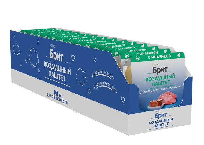 Брит воздушный паштет для взрослых кошек с чувствительным пищеварением с индейкой - 100 г х 14 шт
