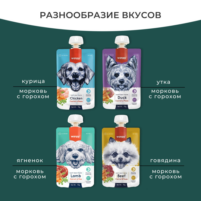 Wanpy Dog Лакомство для собак мясной мусс из ягненка и моркови с горохом - 90 г