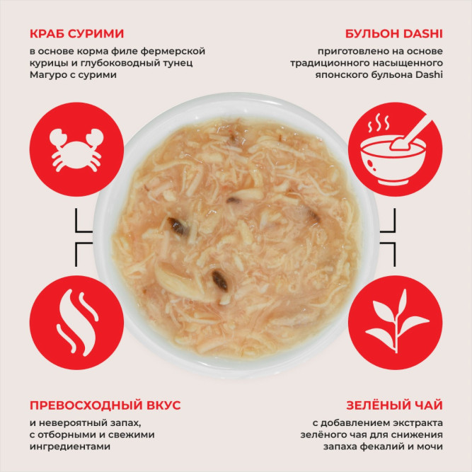 Inaba Ciao Toromi влажный дополнительный корм для взрослых кошек с куриным филе, тунцом Магуро и сурими в бульоне, в консервах - 80 г х 24 шт