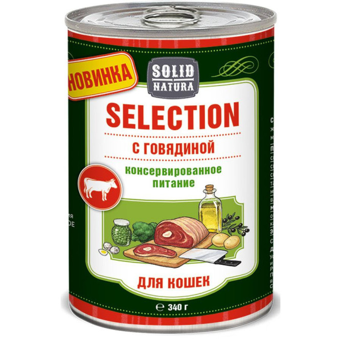 Solid Natura Selection влажный корм для взрослых кошек с говядиной, в консервах - 340 г х 6 шт